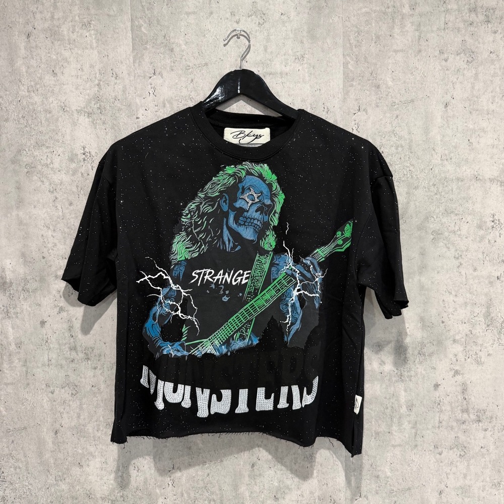 BKYS Strange Monsters Graphic T-Shirt Washed Grey Skull Guitarist Mens Small NEW